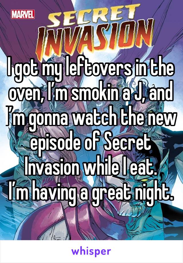 I got my leftovers in the oven, I’m smokin a J, and I’m gonna watch the new episode of Secret Invasion while I eat. 
I’m having a great night. 