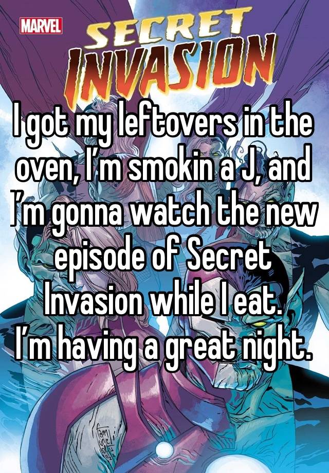 I got my leftovers in the oven, I’m smokin a J, and I’m gonna watch the new episode of Secret Invasion while I eat. 
I’m having a great night. 