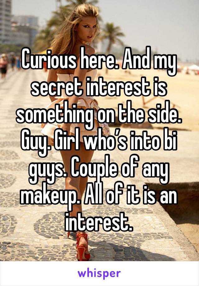 Curious here. And my secret interest is something on the side. Guy. Girl who’s into bi guys. Couple of any makeup. All of it is an interest. 