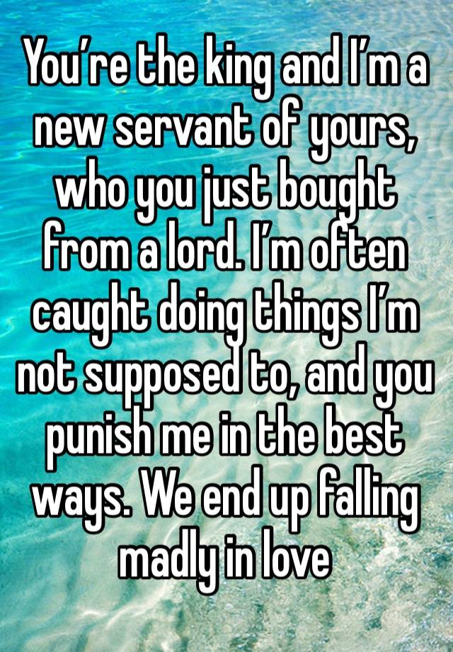 You’re the king and I’m a new servant of yours, who you just bought from a lord. I’m often caught doing things I’m not supposed to, and you punish me in the best ways. We end up falling madly in love