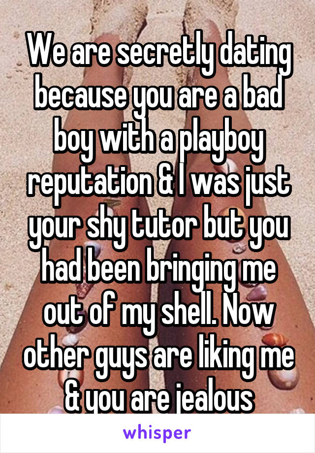 We are secretly dating because you are a bad boy with a playboy reputation & I was just your shy tutor but you had been bringing me out of my shell. Now other guys are liking me & you are jealous