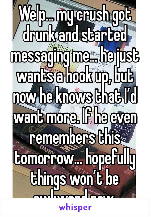 Welp… my crush got drunk and started messaging me… he just wants a hook up, but now he knows that I’d want more. If he even remembers this tomorrow… hopefully things won’t be awkward now.