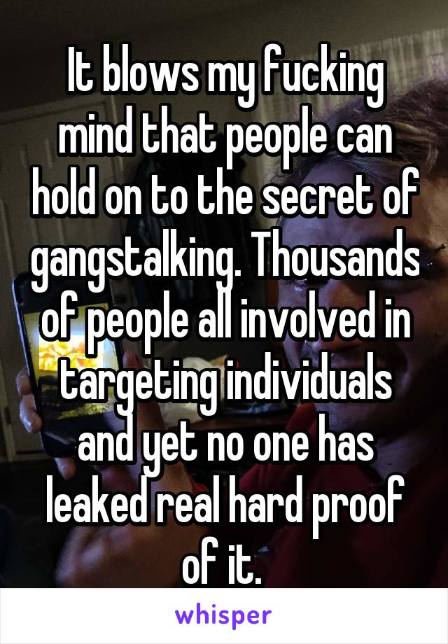 It blows my fucking mind that people can hold on to the secret of gangstalking. Thousands of people all involved in targeting individuals and yet no one has leaked real hard proof of it. 