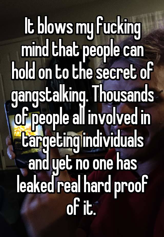 It blows my fucking mind that people can hold on to the secret of gangstalking. Thousands of people all involved in targeting individuals and yet no one has leaked real hard proof of it. 