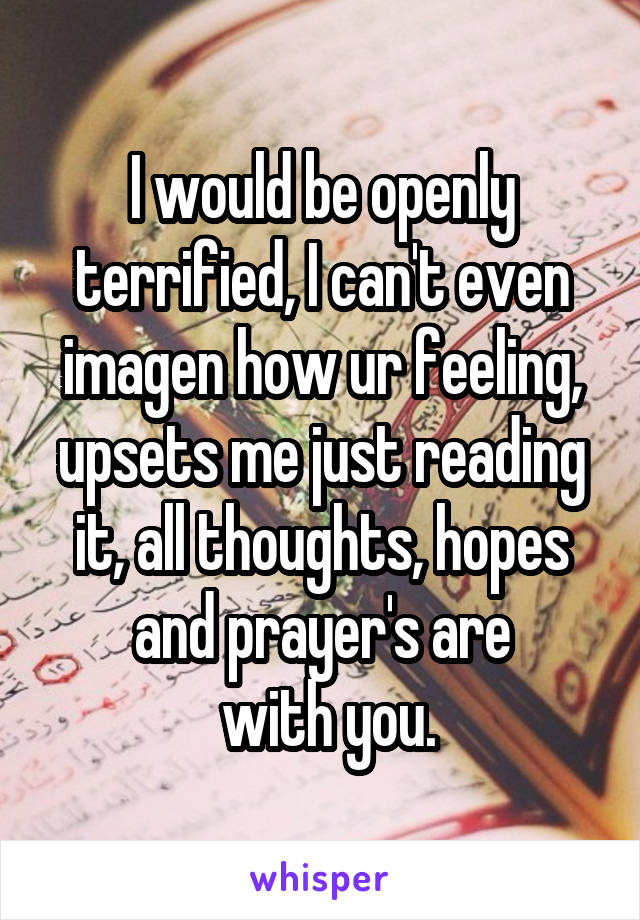 I would be openly terrified, I can't even imagen how ur feeling, upsets me just reading it, all thoughts, hopes and prayer's are
 with you.