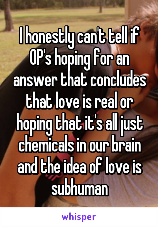 I honestly can't tell if OP's hoping for an answer that concludes that love is real or hoping that it's all just chemicals in our brain and the idea of love is subhuman