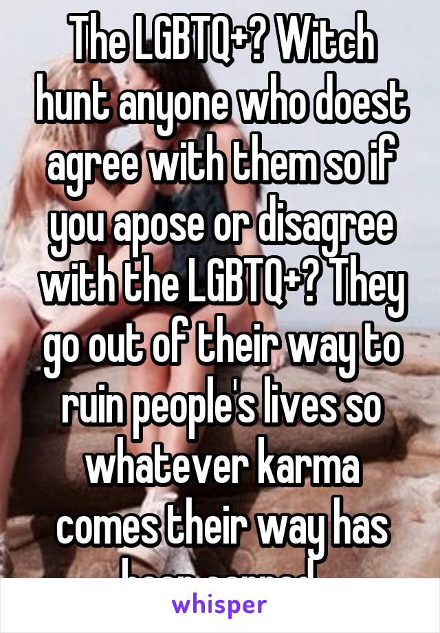 The LGBTQ+? Witch hunt anyone who doest agree with them so if you apose or disagree with the LGBTQ+? They go out of their way to ruin people's lives so whatever karma comes their way has been earned 