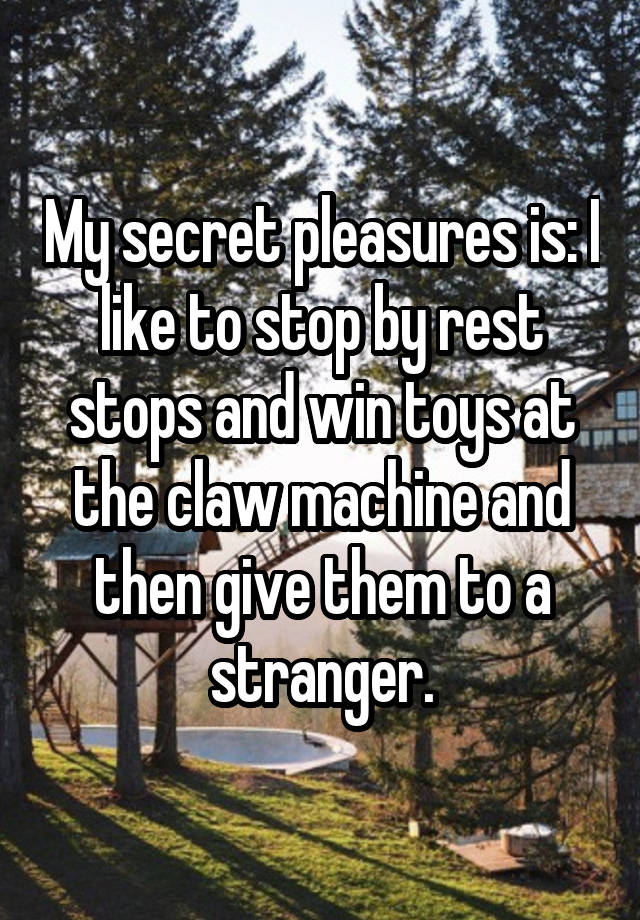 My secret pleasures is: I like to stop by rest stops and win toys at the claw machine and then give them to a stranger.