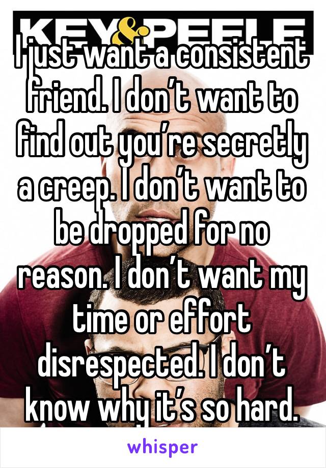 I just want a consistent friend. I don’t want to find out you’re secretly a creep. I don’t want to be dropped for no reason. I don’t want my time or effort disrespected. I don’t know why it’s so hard.