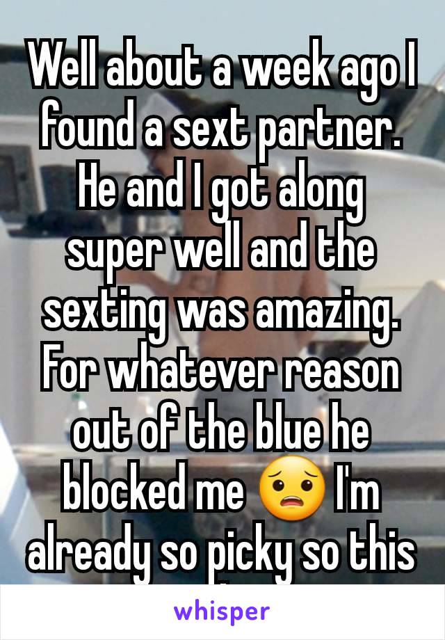 Well about a week ago I found a sext partner. He and I got along super well and the sexting was amazing. For whatever reason out of the blue he blocked me 😟 I'm already so picky so this sucks...