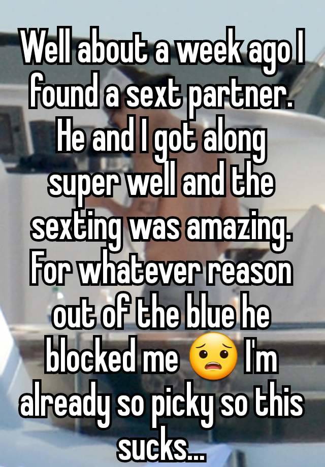 Well about a week ago I found a sext partner. He and I got along super well and the sexting was amazing. For whatever reason out of the blue he blocked me 😟 I'm already so picky so this sucks...