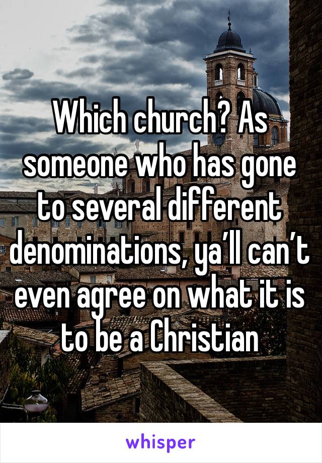 Which church? As someone who has gone to several different denominations, ya’ll can’t even agree on what it is to be a Christian 