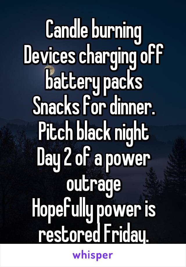 Candle burning
Devices charging off battery packs
Snacks for dinner.
Pitch black night
Day 2 of a power outrage
Hopefully power is restored Friday.