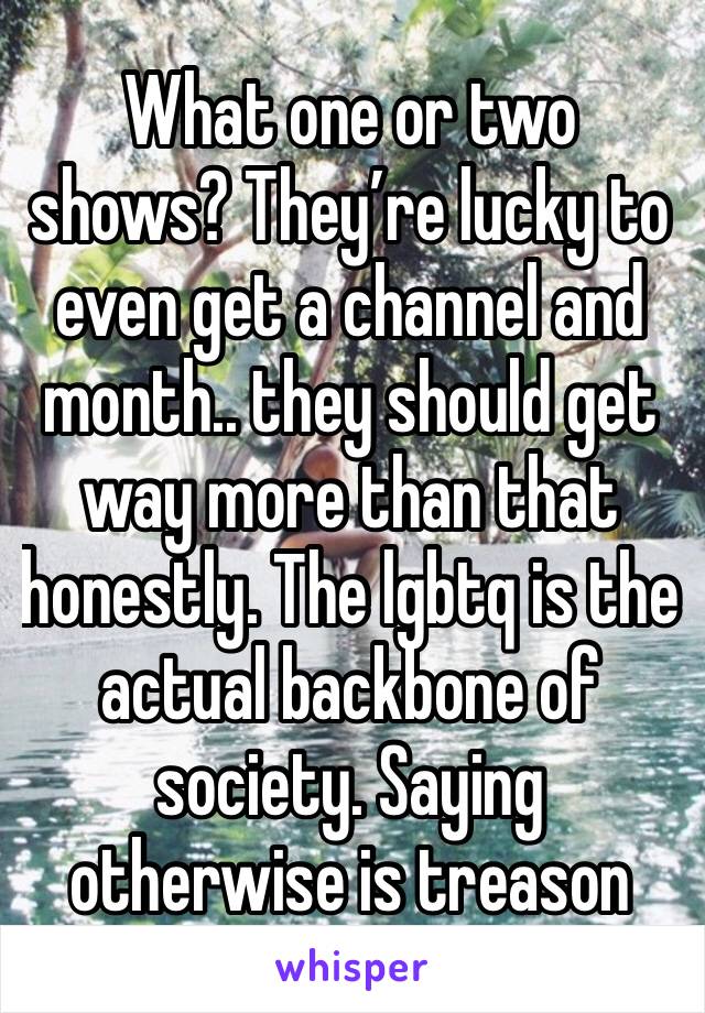 What one or two shows? They’re lucky to even get a channel and month.. they should get way more than that honestly. The lgbtq is the actual backbone of society. Saying otherwise is treason