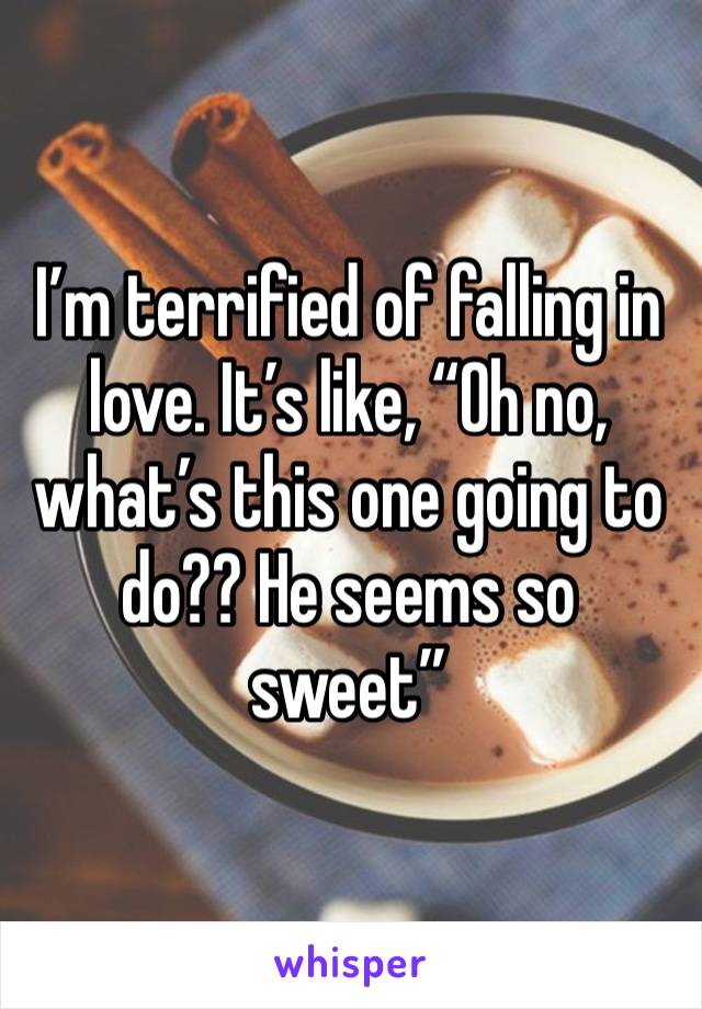 I’m terrified of falling in love. It’s like, “Oh no, what’s this one going to do?? He seems so sweet”