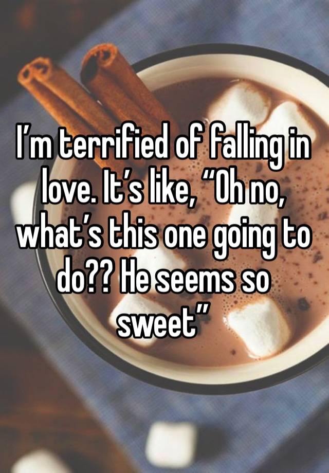 I’m terrified of falling in love. It’s like, “Oh no, what’s this one going to do?? He seems so sweet”