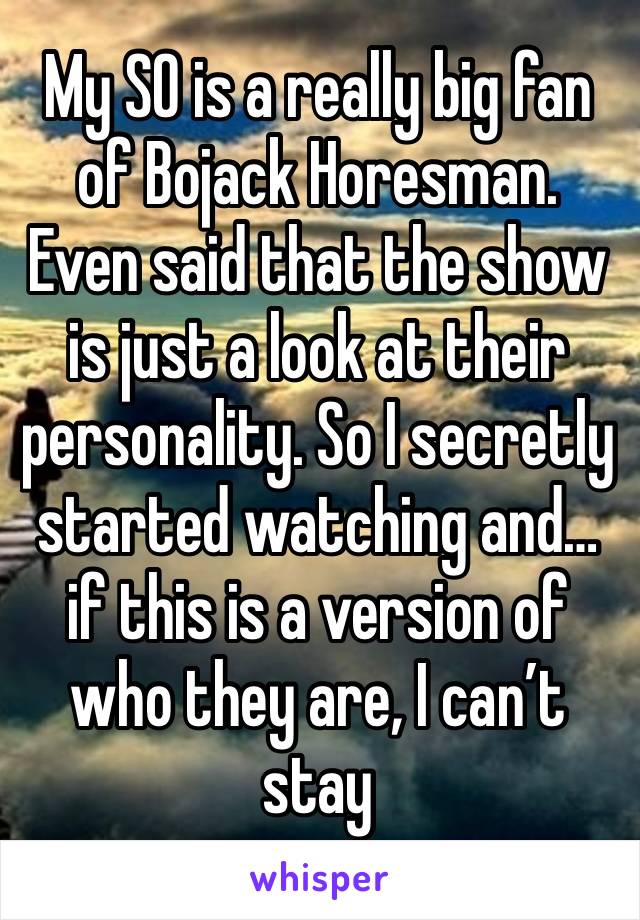 My SO is a really big fan of Bojack Horesman. Even said that the show is just a look at their personality. So I secretly started watching and… if this is a version of who they are, I can’t stay