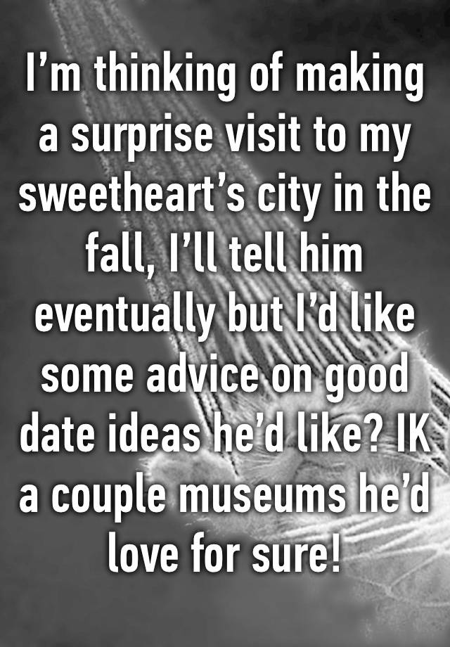 I’m thinking of making a surprise visit to my sweetheart’s city in the fall, I’ll tell him eventually but I’d like some advice on good date ideas he’d like? IK a couple museums he’d love for sure!