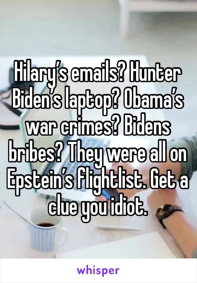 Hilary’s emails? Hunter Biden’s laptop? Obama’s war crimes? Bidens bribes? They were all on Epstein’s flightlist. Get a clue you idiot. 