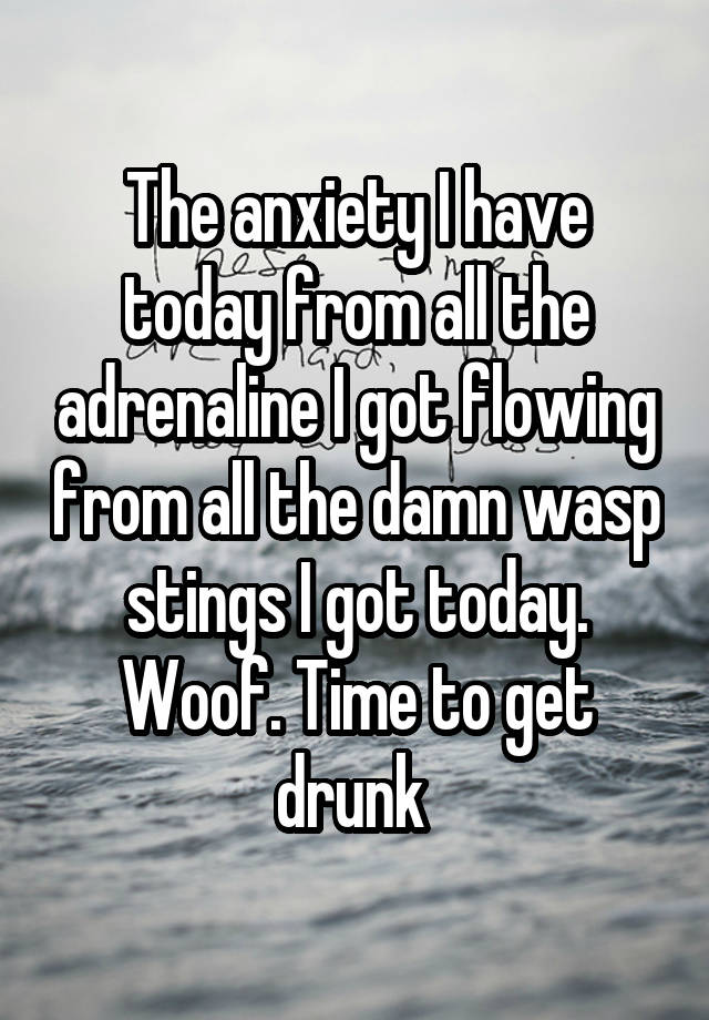 The anxiety I have today from all the adrenaline I got flowing from all the damn wasp stings I got today. Woof. Time to get drunk 