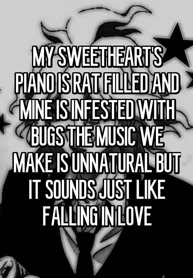 MY SWEETHEART'S PIANO IS RAT FILLED AND MINE IS INFESTED WITH BUGS THE MUSIC WE MAKE IS UNNATURAL BUT IT SOUNDS JUST LIKE FALLING IN LOVE