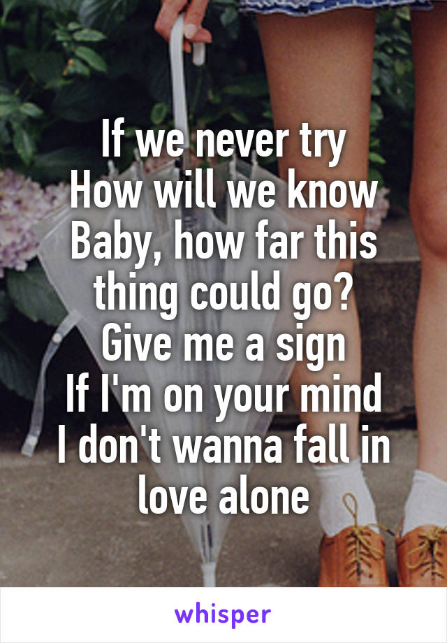 If we never try
How will we know
Baby, how far this thing could go?
Give me a sign
If I'm on your mind
I don't wanna fall in love alone