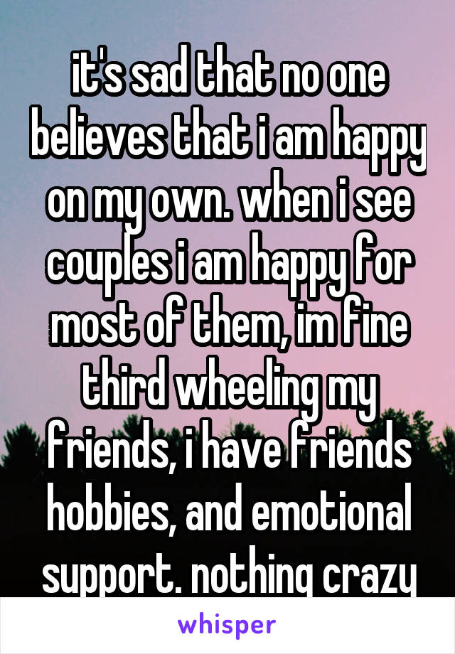 it's sad that no one believes that i am happy on my own. when i see couples i am happy for most of them, im fine third wheeling my friends, i have friends hobbies, and emotional support. nothing crazy