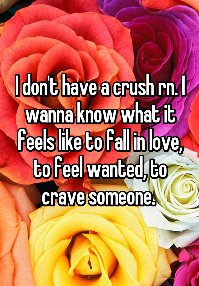 I don't have a crush rn. I wanna know what it feels like to fall in love, to feel wanted, to crave someone. 