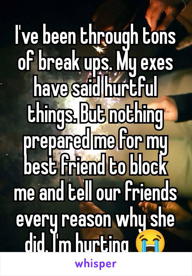 I've been through tons of break ups. My exes have said hurtful things. But nothing prepared me for my best friend to block me and tell our friends every reason why she did. I'm hurting 😭