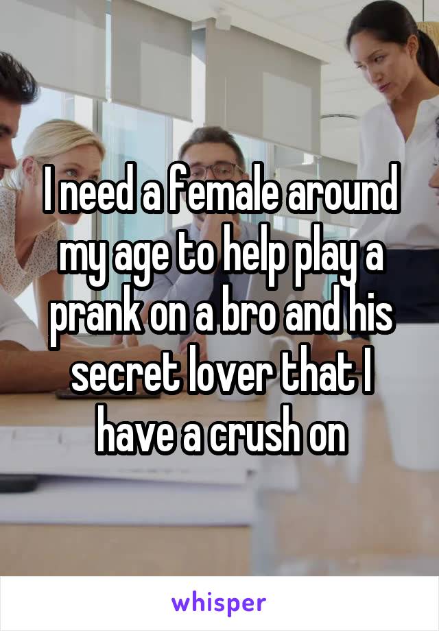 I need a female around my age to help play a prank on a bro and his secret lover that I have a crush on