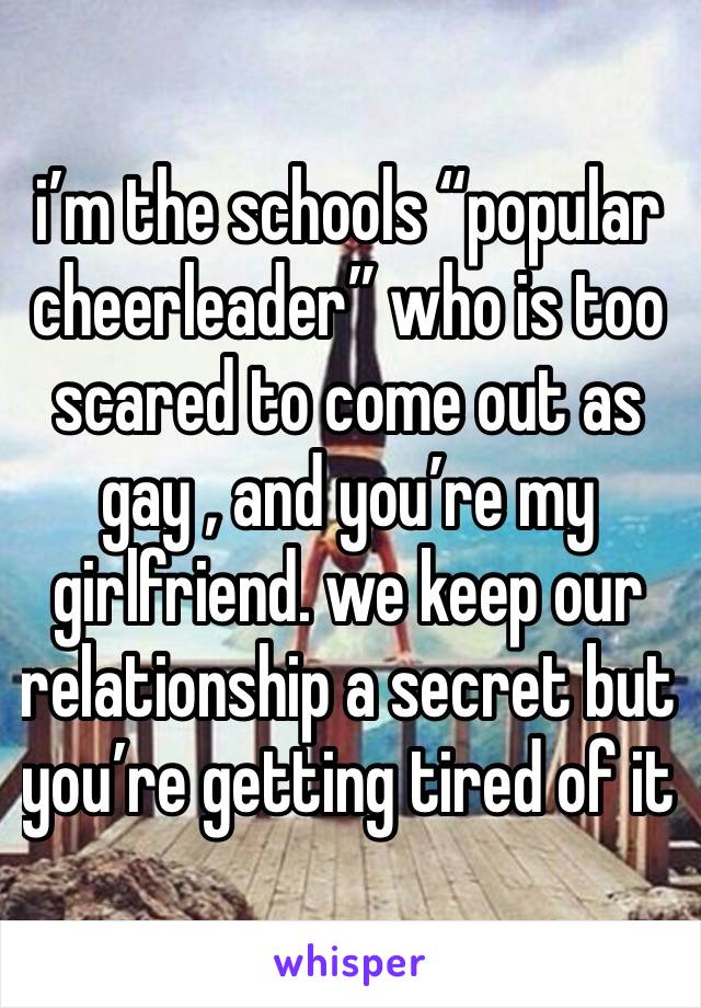 i’m the schools “popular cheerleader” who is too scared to come out as gay , and you’re my girlfriend. we keep our relationship a secret but you’re getting tired of it