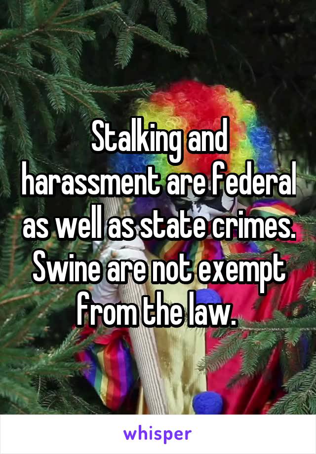Stalking and harassment are federal as well as state crimes. Swine are not exempt from the law. 