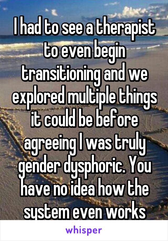 I had to see a therapist to even begin transitioning and we explored multiple things it could be before agreeing I was truly gender dysphoric. You have no idea how the system even works