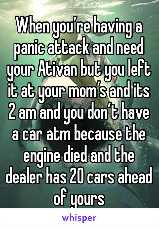 When you’re having a panic attack and need your Ativan but you left it at your mom’s and its 2 am and you don’t have a car atm because the engine died and the dealer has 20 cars ahead of yours 