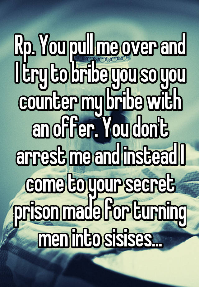 Rp. You pull me over and I try to bribe you so you counter my bribe with an offer. You don't arrest me and instead I come to your secret prison made for turning men into sisises...