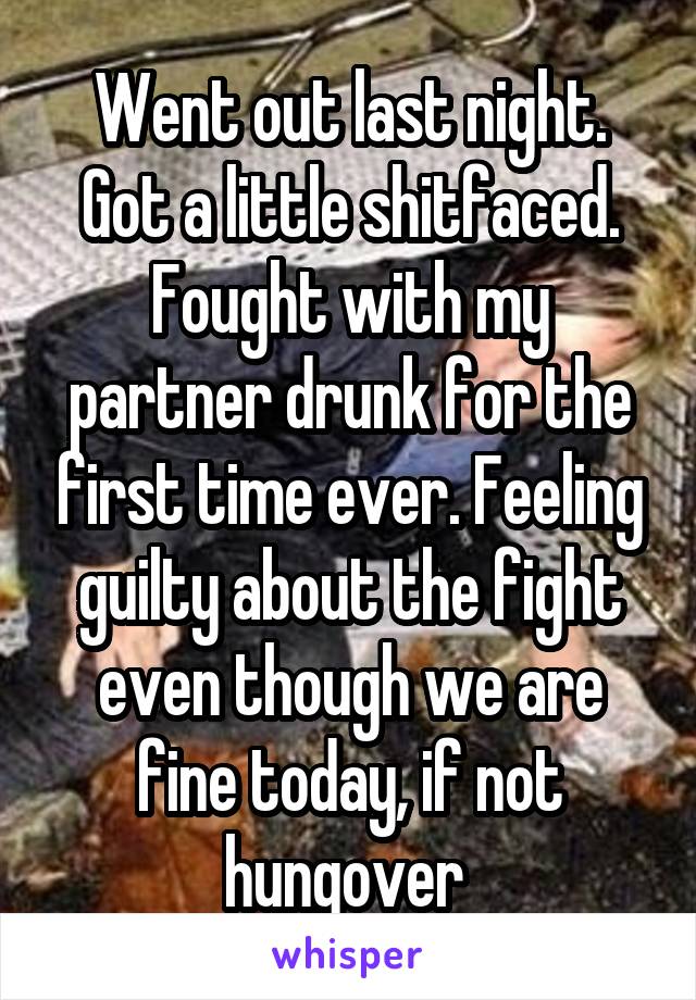 Went out last night. Got a little shitfaced. Fought with my partner drunk for the first time ever. Feeling guilty about the fight even though we are fine today, if not hungover 