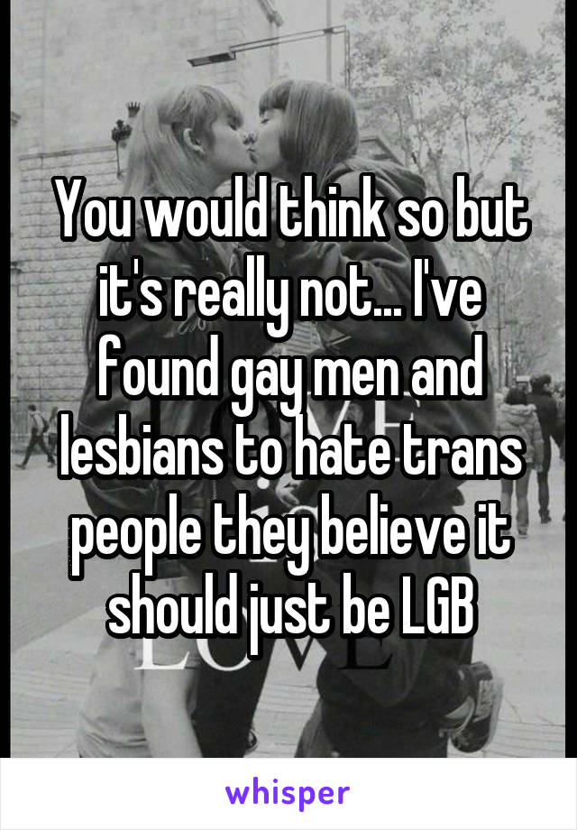 You would think so but it's really not... I've found gay men and lesbians to hate trans people they believe it should just be LGB