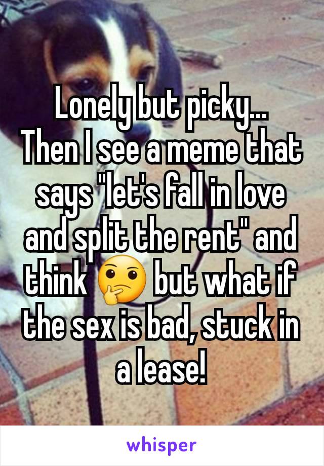 Lonely but picky...
Then I see a meme that says "let's fall in love and split the rent" and think 🤔 but what if the sex is bad, stuck in a lease!