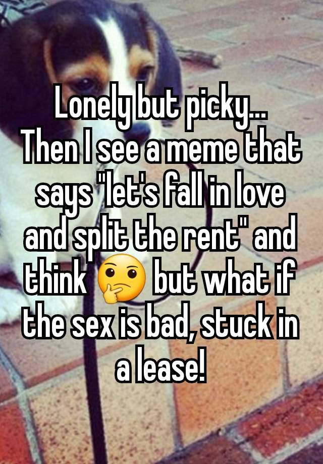 Lonely but picky...
Then I see a meme that says "let's fall in love and split the rent" and think 🤔 but what if the sex is bad, stuck in a lease!