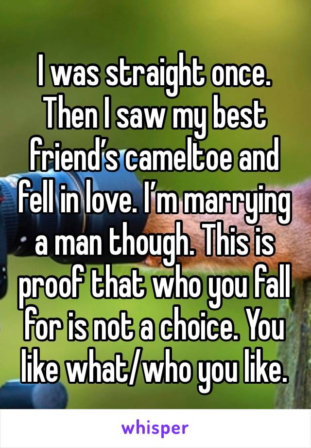 I was straight once. Then I saw my best friend’s cameltoe and fell in love. I’m marrying a man though. This is proof that who you fall for is not a choice. You like what/who you like.