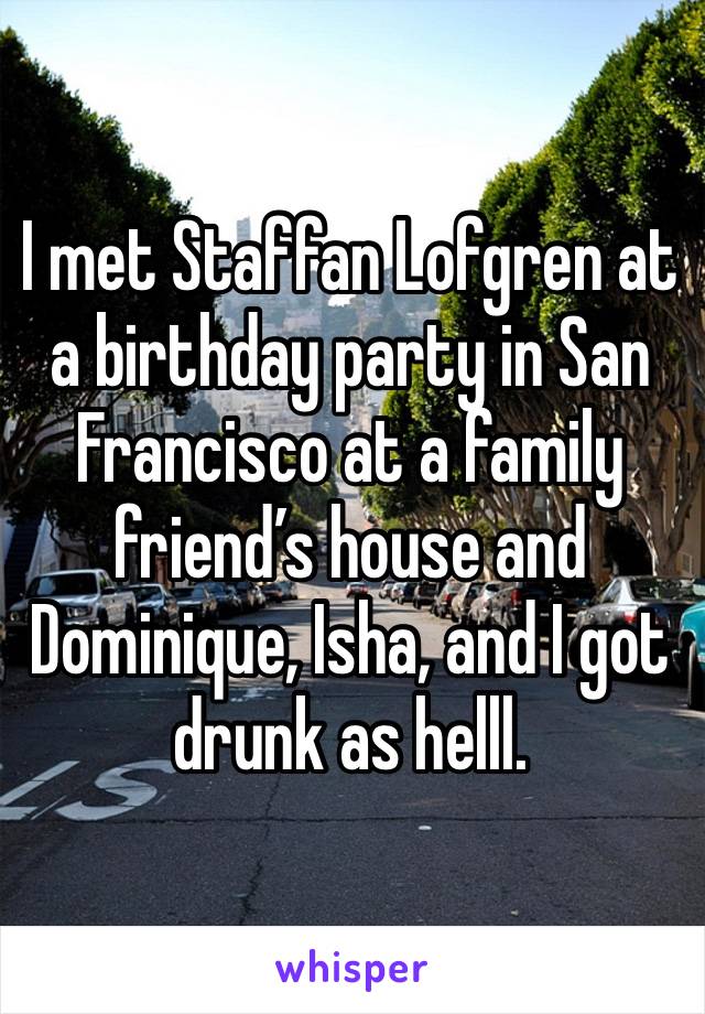 I met Staffan Lofgren at a birthday party in San Francisco at a family friend’s house and Dominique, Isha, and I got drunk as helll. 