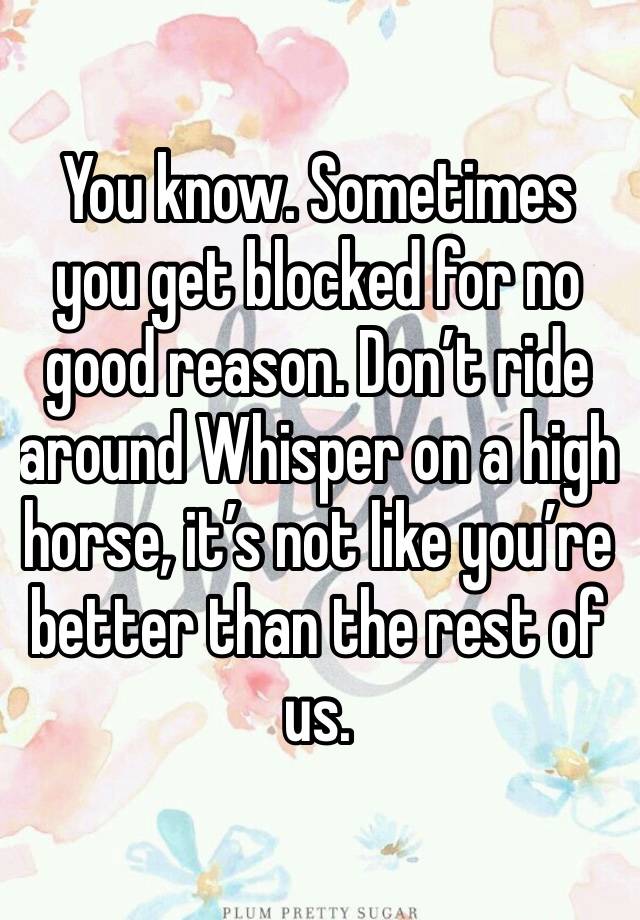 You know. Sometimes you get blocked for no good reason. Don’t ride around Whisper on a high horse, it’s not like you’re better than the rest of us.  