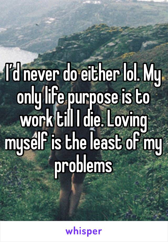 I’d never do either lol. My only life purpose is to work till I die. Loving myself is the least of my problems 