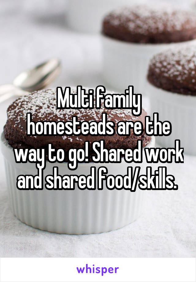 Multi family homesteads are the way to go! Shared work and shared food/skills. 