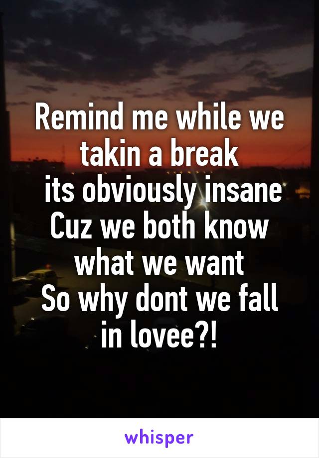 Remind me while we takin a break
 its obviously insane
Cuz we both know what we want
So why dont we fall in lovee?!