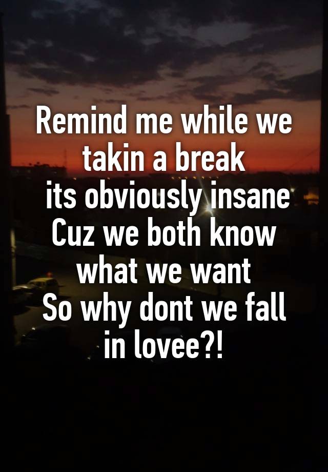 Remind me while we takin a break
 its obviously insane
Cuz we both know what we want
So why dont we fall in lovee?!