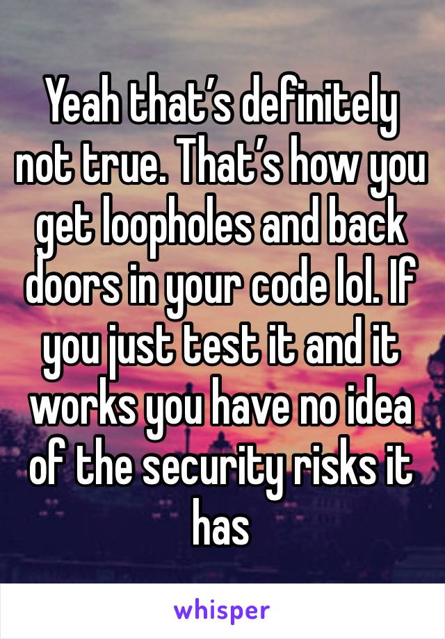 Yeah that’s definitely not true. That’s how you get loopholes and back doors in your code lol. If you just test it and it works you have no idea of the security risks it has