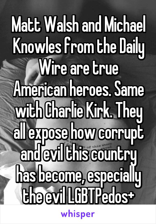 Matt Walsh and Michael Knowles from the Daily Wire are true American heroes. Same with Charlie Kirk. They all expose how corrupt and evil this country has become, especially the evil LGBTPedos+