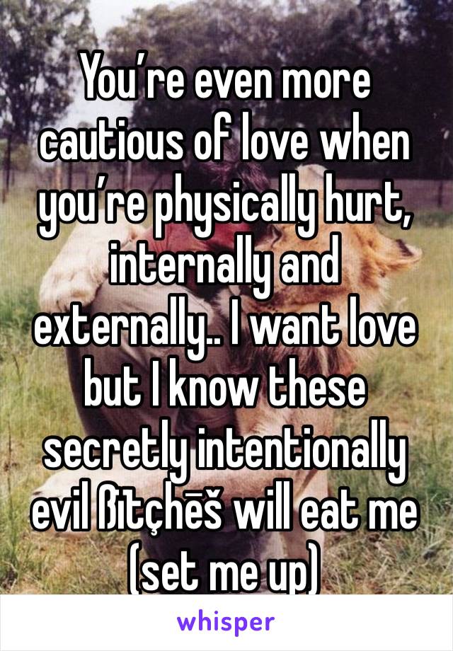 You’re even more cautious of love when you’re physically hurt, internally and externally.. I want love but I know these secretly intentionally evil ßïtçhēš will eat me (set me up)