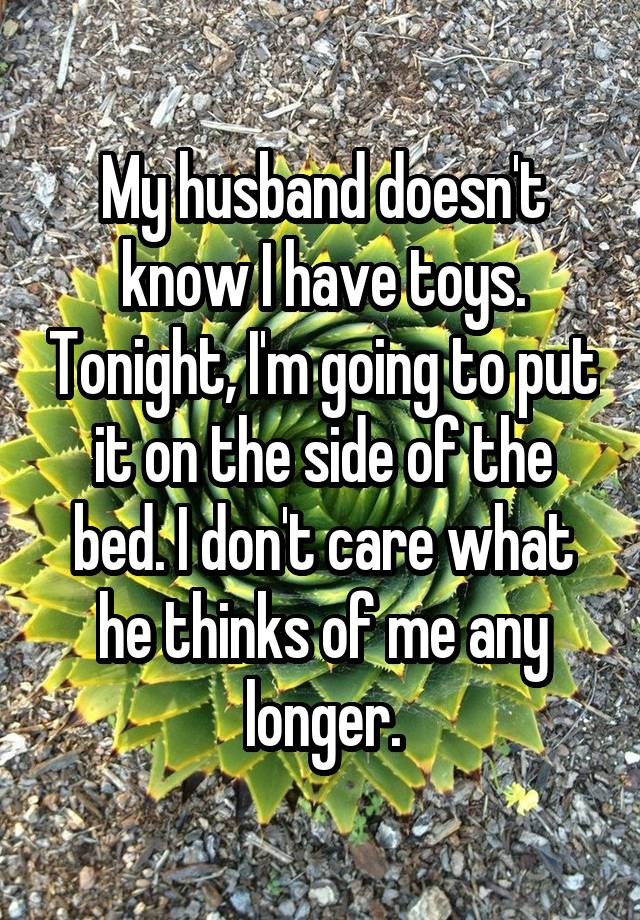 My husband doesn't know I have toys. Tonight, I'm going to put it on the side of the bed. I don't care what he thinks of me any longer.